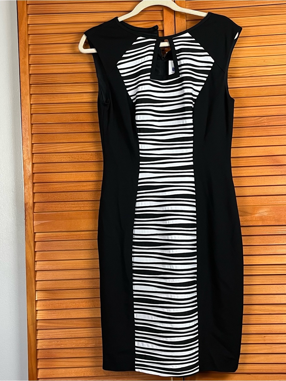 Cache Black Sleeveless Midi Dress with White Striped Center Panel